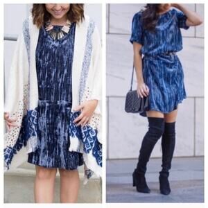 Anthropologie Floreat Blue Crushed Velvet Shift  Mini Dress Sz.S